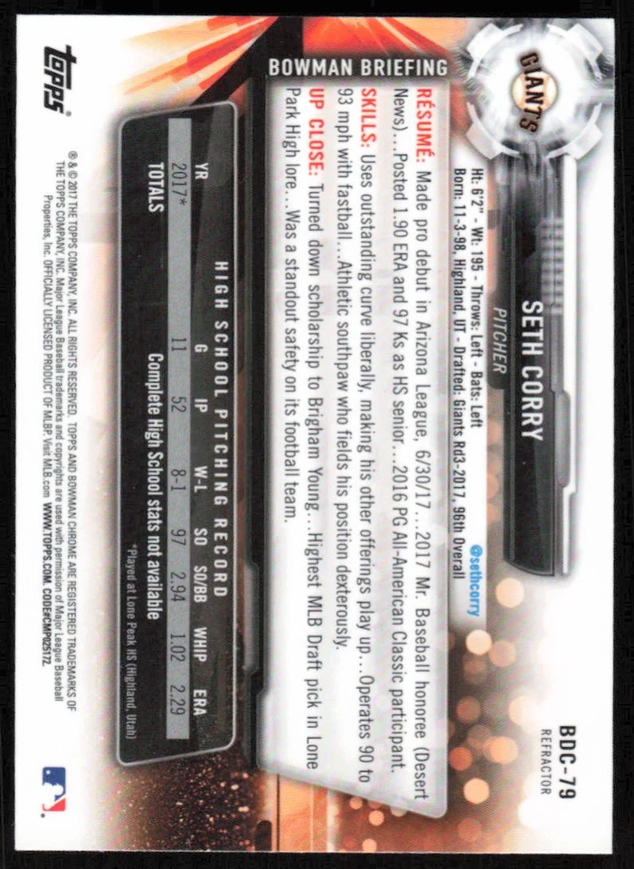 2017 Bowman Draft CHROME REF #BDC-79 Seth Corry   - FREE SHIPPING - Image 2 of 2