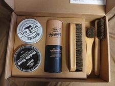 henviro leather care kit with saddle soap, mink oil, waterproofer, 3 brushes
