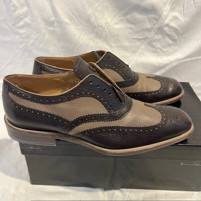 Giorgio Armani — Giorgio ARMANI Perforated Leather Wing-Tip Lace-up Derby Dress Shoes Greige XGU9