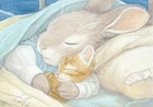 ACEO orig. pastel drawing bunny with kitten, rabbit by Anna Hoff Germany
