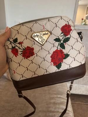Baby Phat Ivory Brown Red Floral Embroidered Shoulder Bag Gold Hardware Medium