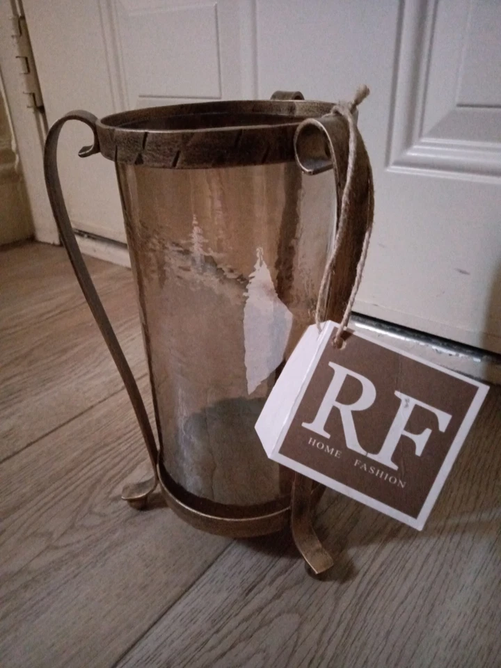 RF Home Fashion Rustic Wrought Metal & smokey rippled Glass Vase Hand Crafted - Image 2 of 4