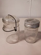 2 Antique Storage Jars, Wire Closure,  Aluminum Lid, Jumbo Peanut Butter Co