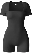 NEW OQQ Black Short Sleeve Shorts Romper Yoga Stretch Square Neck Exercise Rib