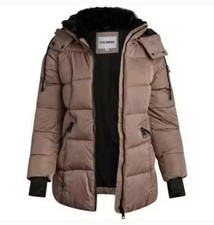 Steve Madden Faux-Fur-Lined Hooded Puffer Coat Tan With Black Size Large