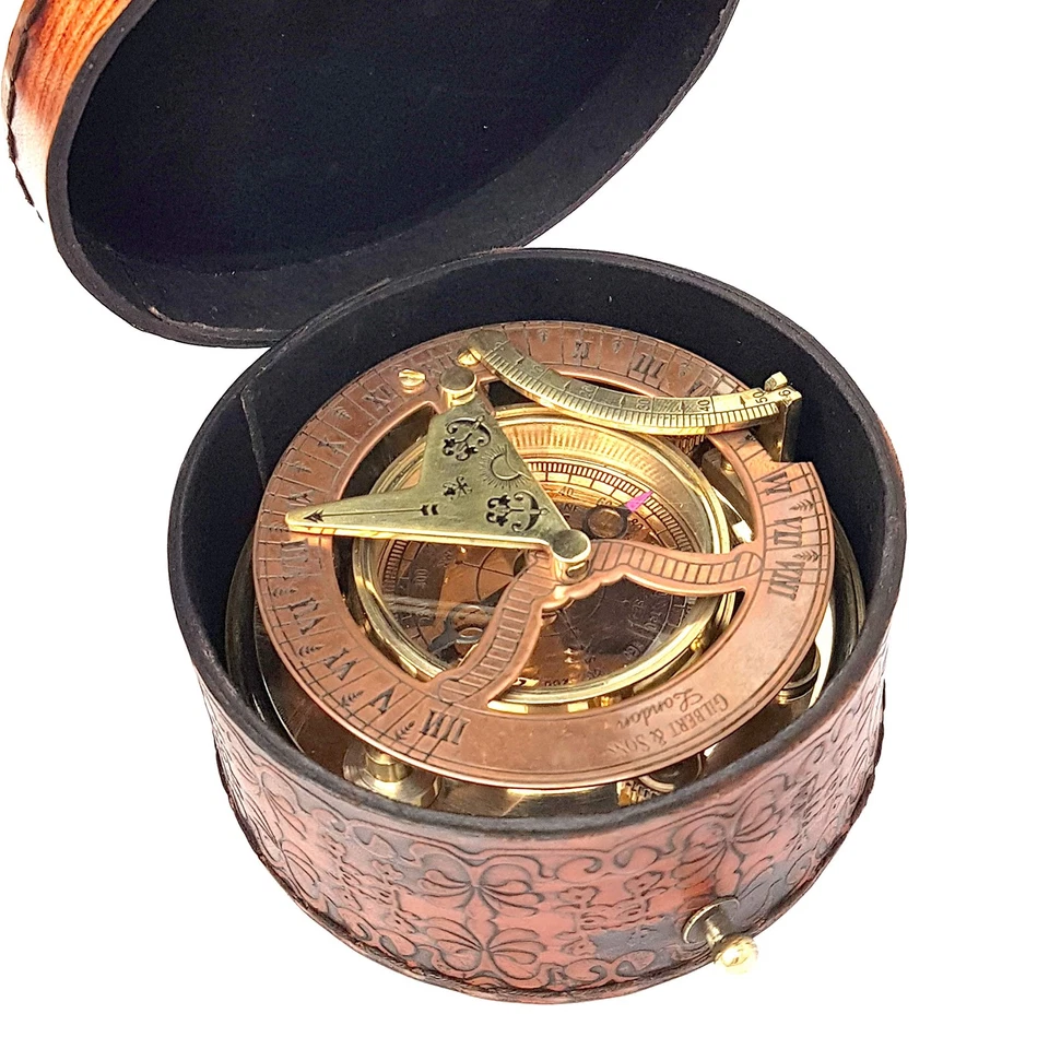 - Antique Brass & Copper Sundial Compass, Sundial Clock in Box Gift Sun Clock... - Image 3 of 4