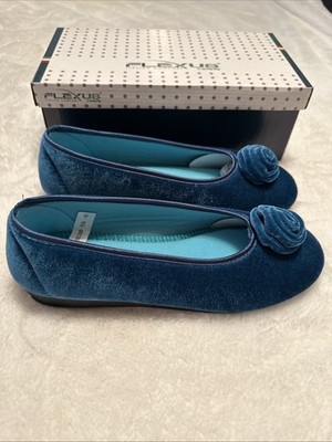 Flexus Roseloud Velvet Textile Flats Slippers Teal EU 41 US 9.5-10 NIB