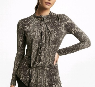 Roberto Cavalli CLASS Top Greige Python Print Brooch Long Sleeves Pleated Size 8