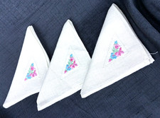 Three Vintage Hand Embroidered Handkerchief Towelette Napkinette Square 10"x10"