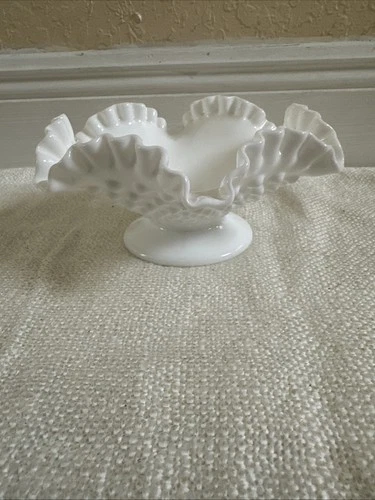 Vintage Footed Hobnail Milk Glass Candy Dish Double Crimped Edge 3.5" Tall