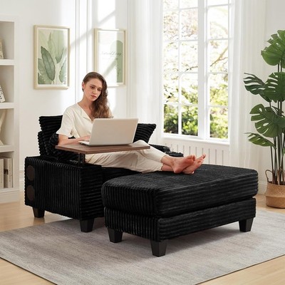 Oversized Chaise Lounge Chair Sofa Corduroy Couch with Table & Bluetooth Speaker