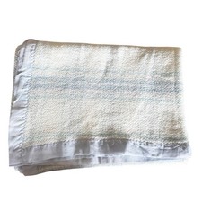 Vintage Cotton Woven Baby Blanket Blue Embroidered Waffle Satin Trim Large 68x88