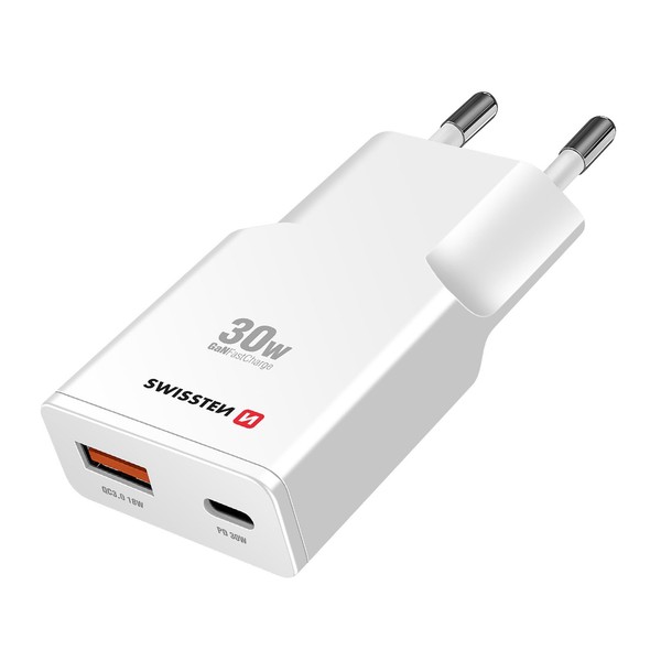 Swissten, Gan LadegeräT 30W USB-C + USB-A Qc 3.0 Ultrakompakt-image