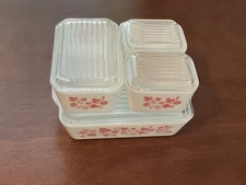 RARE VINTAGE SET 4 PYREX PINK GOOSEBERRY REFRIGERATOR DISHES & LIDS 501 502 503