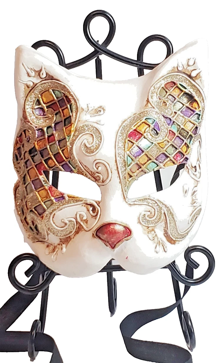 Venetian Mask Cat Gaia Atelier Maraga Made in Venice Black Ribbon Ties