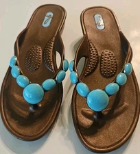 Oka-B Flip Flops Womens S Brown Wedge Heel Faux Turquois Stone Detail Waterproof