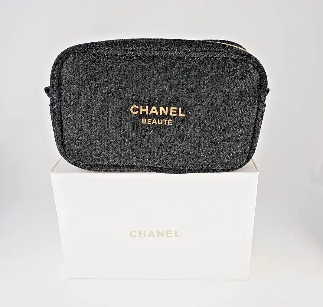 Chanel Beaute Sparkling Gold/Black Cosmetic Makeup Pouch/Clutch with Gift  Box