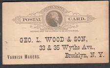 unmailed 1890;s postal card George L Wood & Son Wythe Ave Brooklyn NY varnishes