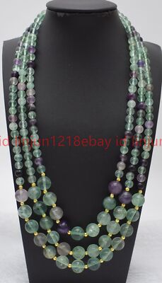 3 Reihen Natürliche 6-10 mm Multicolor Fluorit Runde Edelstein Perlen Halskette 17-19 Zoll