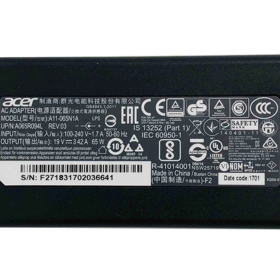 Cargador Adaptador CA Original Acer Chromebook N15Q8 N15Q9 N15Q10 N16P1 65W Foto 2 de 4