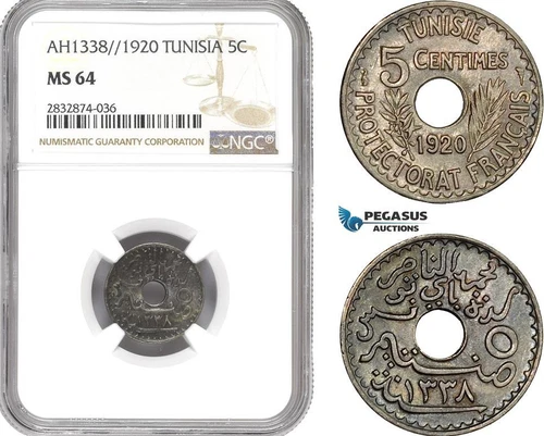 AD784, Tunisia, Muhammad al-Nasir, 5 Centimes AH1338 / 1920, NGC MS64