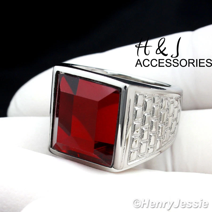 Anel masculino de aço inoxidável moda tom prata simulado rubi tamanho 8-13*AR81 - Imagem 2 de 3