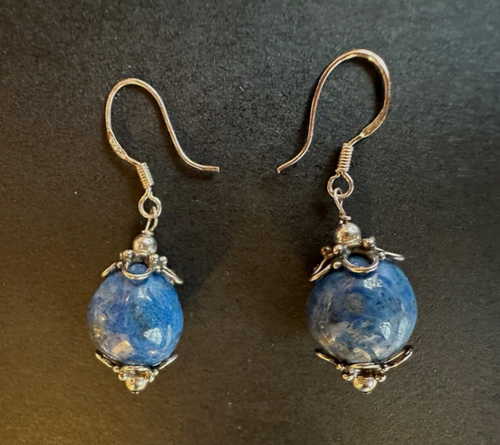 Sterling Silver Lapis Beaded Earrings 925 Drop Dangle Handmade Natural 90s