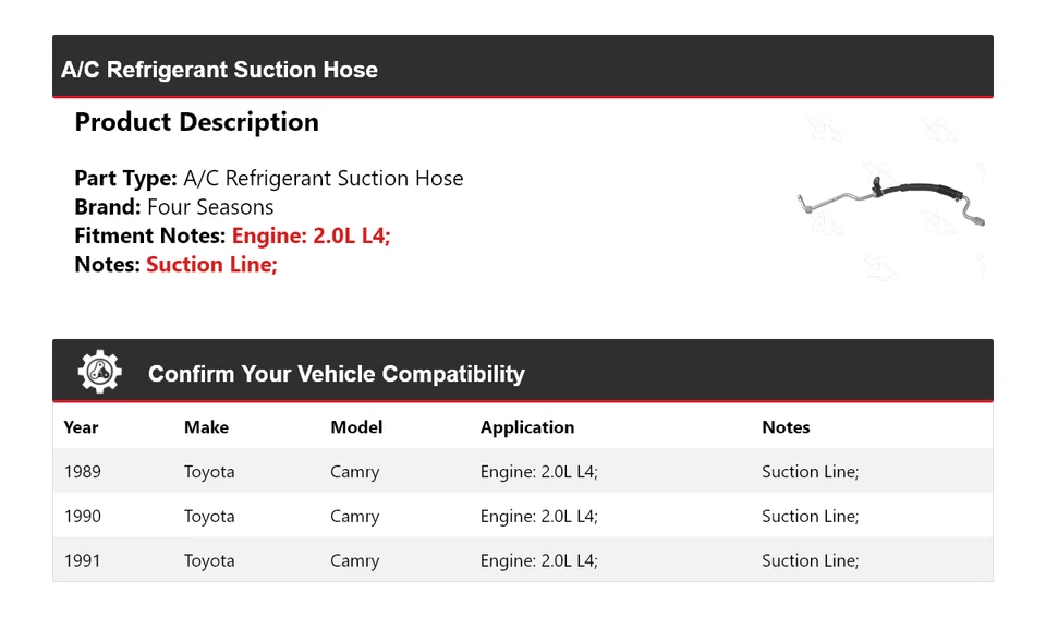 For 1989-1991 Toyota Camry 2.0L L4 A/C Refrigerant Suction Hose 4 Seasons 1990 - Image 2 of 4