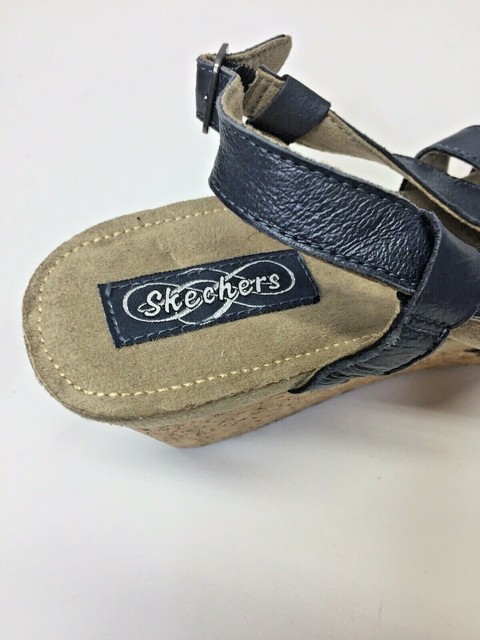 SKECHERS Womens Sz. 10 - Cork Wedge Heel - Strappy Sandal - Blue/Black 47329 | eBay