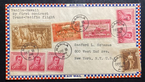 1935 Manila Philippines First Flight Cover To New York USA Trans Pacific