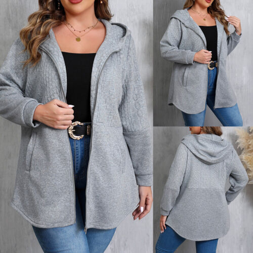 Plus Size Women Baggy Hooded Cardigan Sweatshirt Zip Up Coat Casual Long Tops US