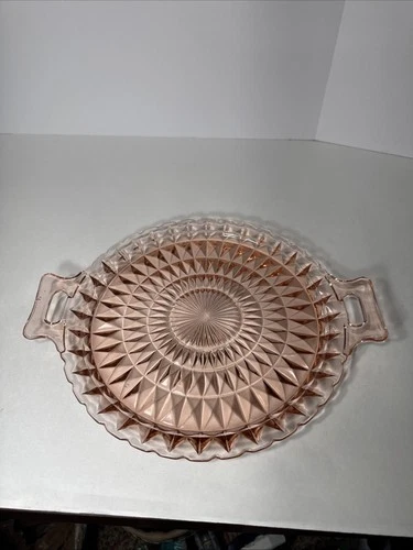 VINTAGE PINK DEPRESSION GLASS 10" SERVING PLATTER WITH HANDLES (BEAUTIFUL)