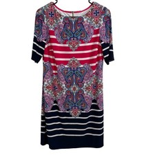 Eliza J 10P Paisley Stripe Shift Dress Pink Navy Mixed Print Gold Zip Petite