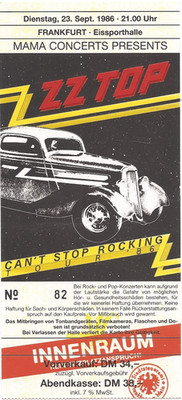 ZZ Top Can't Stop Rocking Tour 1986 Frankfurt Ticket/Konzertkarte/Eintrittskarte
