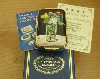 Ltd Ed Halcyon Days ''Rosen & eine Tulpe in einer Glasvase'' Manet Emaille Box - 2 1/2''