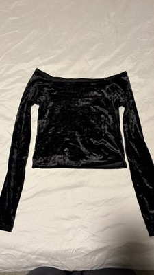 GAP Black Velour Off-The-Shoulder Long Sleeve Stretch Top XS Petite