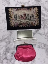 Vintage Tapestry Clutch With Comb, Coin, Purse, And Mirror. Floral Boarder Tree  