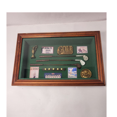Golf Shadow Box Plaque with Mini Clubs and Memorabilia Collectible Display