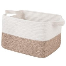 Woven Storage Basket for Shelves, Rectangle Cotton 13"x10"x9" Brown and White