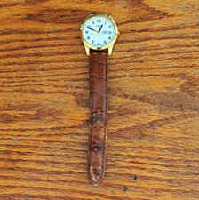 Timex Indiglo Quartz Day/Date Gold Tone Steel Watch White Dial Brown Leather