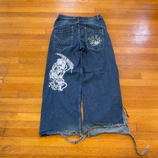 VTG 00s JNCO Wide Leg Jeans Grim Reaper Embroidered Flared Denim 30x30 14" LO