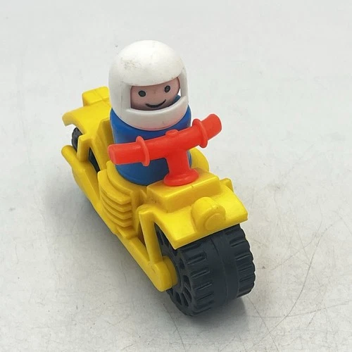Vintage Fisher Price Little People Yellow Motorcycle Toy with Rider | 70's Toys