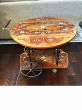 Vintage Italian Inlay Wood, Brass Tea or Bar Service Cart 