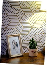White and Gold Geometry Stripped Hexagon Peel and Stick Wallpaper 78.7 x17.7