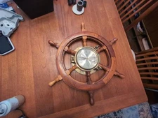 24" SOLID WOOD PORTHOLE NAUTICAL SHIP WHEEL CLOCK BRASSOM USA MADE HEAVY SOLID 