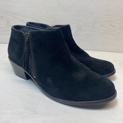 Vionic Womens 8.5 Serena Ankle Booties Black Tassel Side Zip Block Heel Shoe