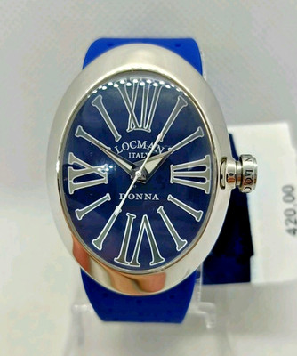 Armbanduhr Donna Locman Oval Zahlen Römer, Stahl, Uhrband Gummi Blau Perforiert