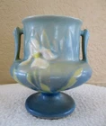 Vintage 4.5" Roseville Pottery "Blue/Green Iris Vase" DBL Handle 1939 #130 USA