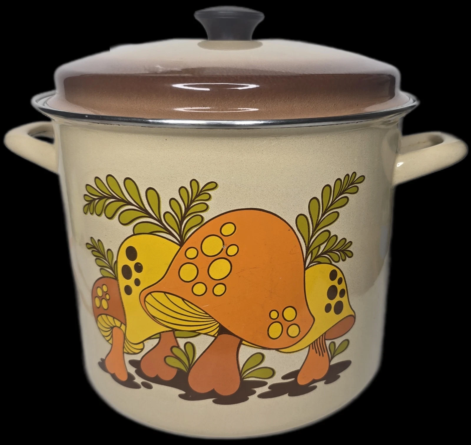 Vintage Merry Mushroom Enamelware Cottage Core Stock Pot, Lid, 9" - Circa 1970's