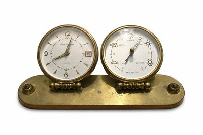 Vtg Phinney-Walker Brass Desk Clock Gold Analog Mech Alarm Barometer Germany